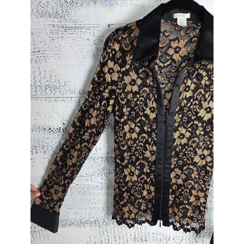 Vtg Cache Black Gold Metallic Floral Lace Zip Front Top Cardigan L EUC USA - Picture 4 of 10